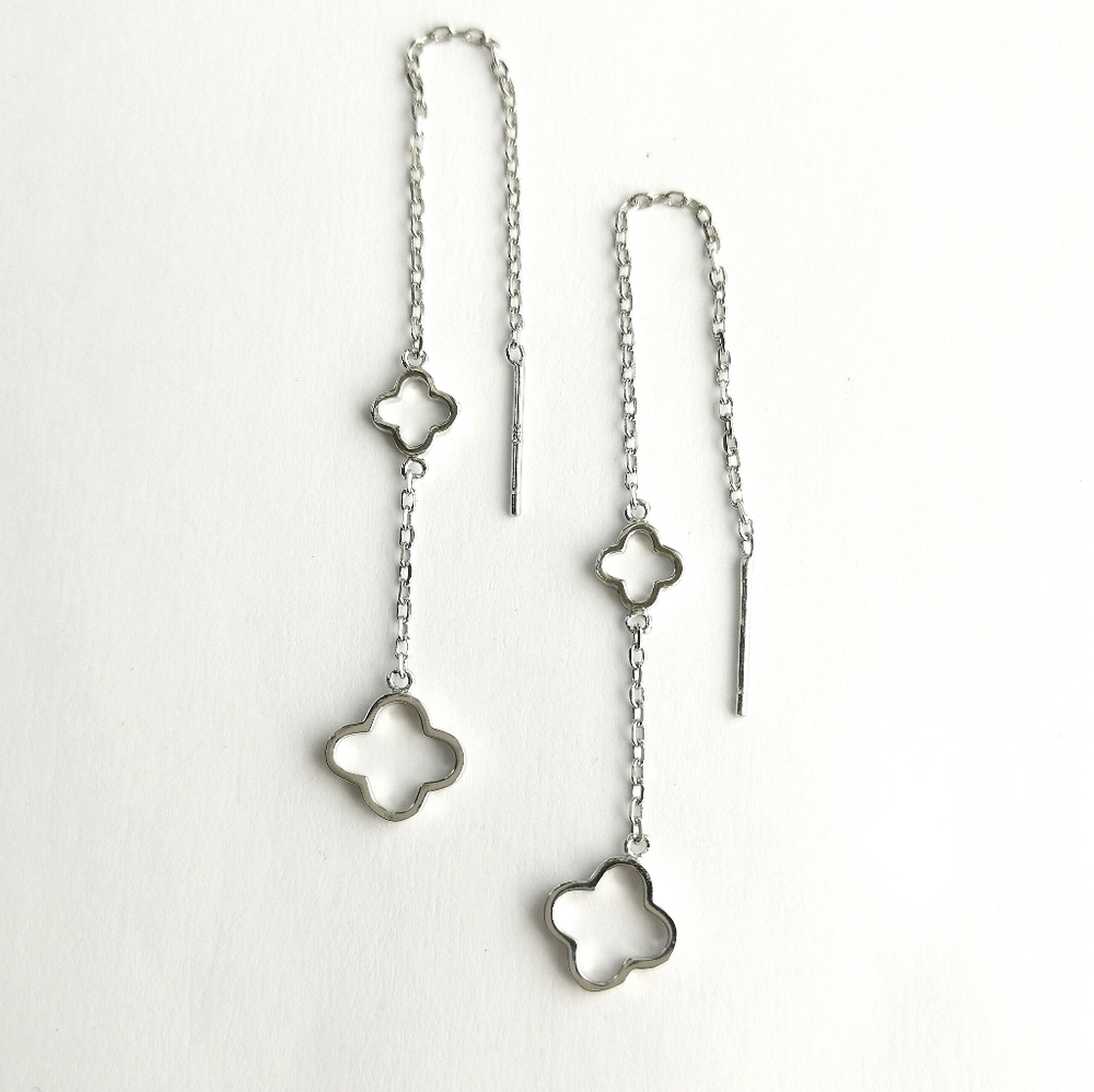 Clover Flower Threader Earrings in Sterling Silver New